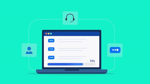 Animated flat vector illustration of a laptop displaying a customer support dashboard with service tickets, messaging, and headset icons. Modern help desk, customer service, and CRM technology concept