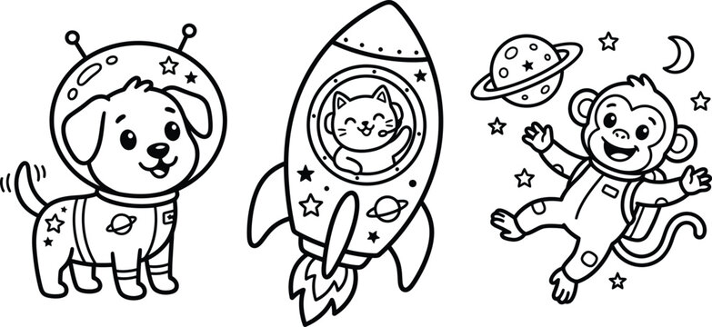 Cute space animals coloring page for kids featuring a puppy, kitten, and monkey in outer space