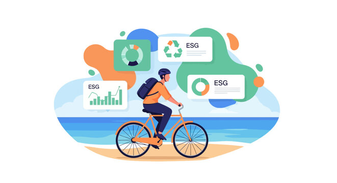 Person riding bicycle with ESG concept icons and charts.
