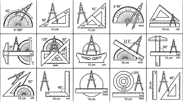 Ruler Icon Set with Protractor and Triangular Tools in Black and White for Geometry Education and Measurement Concept Design