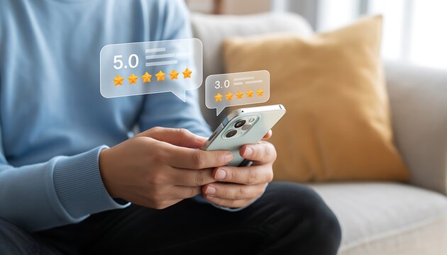 Hands Holding Smartphone With Floating Star Rating Icons Digital Illustration appraisal assessment cellular clientele