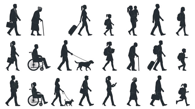 Architectural Entourage Diverse Urban People Silhouette Business Elderly Wheelchair Dog Child Traveler Side View Vector Set