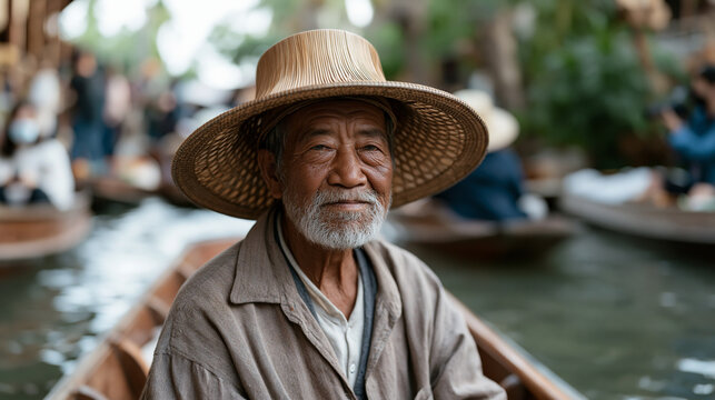 Overcrowded floating market in Southeast Asia where international food bloggers with cameras jostle against local vendors selling ancestral fermented fish paste recipes, tension