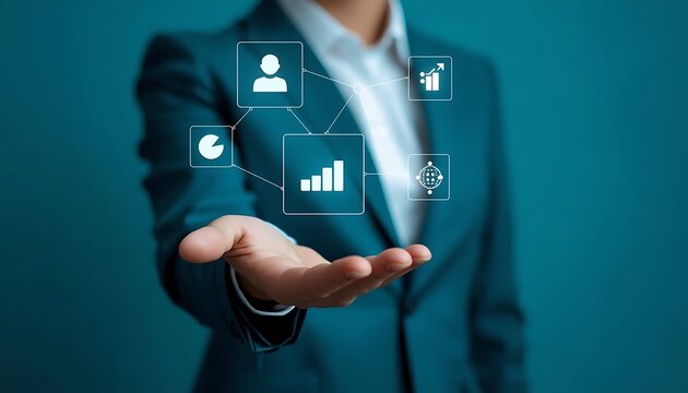 Flat User Interface Icons Displayed In A Hand Digital Technology Concept application arrow business, chart, circular diagram, collaboration