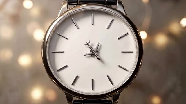 Close-up of a minimalistic dial with a silvery silhouette of an airplane in the center, rotating clockwise  