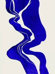 Electric Blue Abstract River Flow with White Organic Linework, Minimalist Contemporary Wall Art © C Design Studio