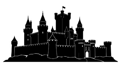 Black Medieval Castle Silhouette with Towers and Battlements Isolated on Transparent Background Vector Illustration © MDALAMGIR