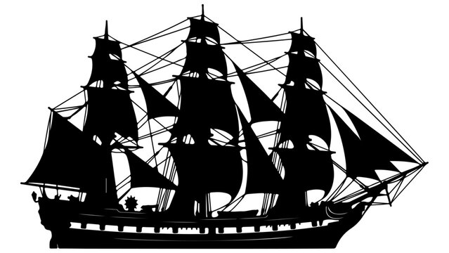 Black Silhouette of a Vintage Sailing Ship with Three Masts and Full Sails isolated on Transparent Background