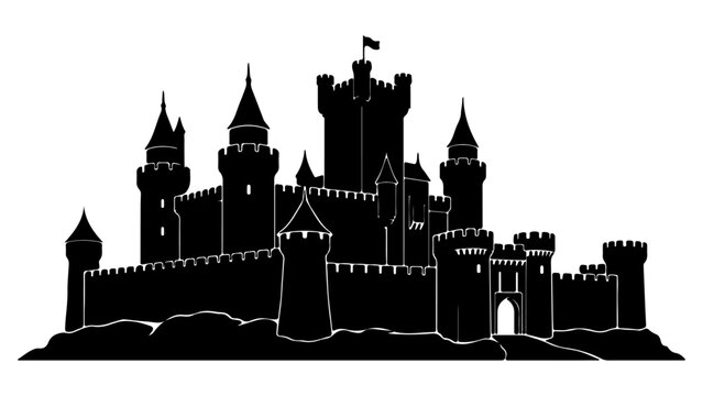 Black Medieval Castle Silhouette with Towers and Battlements Isolated on Transparent Background Vector Illustration