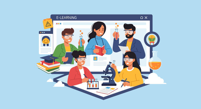 Diverse students engage in online science education with virtual teacher.