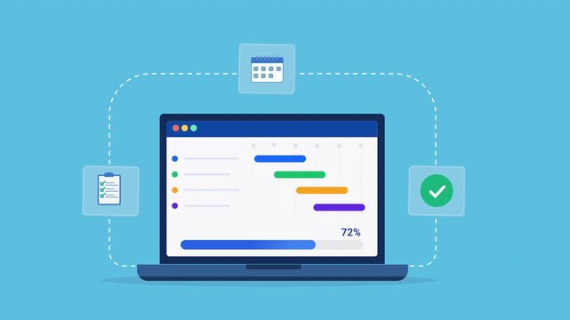 Animated flat vector illustration of a laptop displaying a project management dashboard with task timeline, checklist, calendar, and completion status. Modern productivity and workflow technology conc
