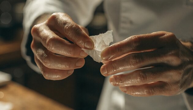 Professional chef in a white uniform holding a small piece of torn blank paper with both hands in a professional kitchen, ready for a recipe note, order list, or creative culinary instruction.