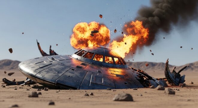 Crashed Alien Spaceship Exploding in Desert Landscape.