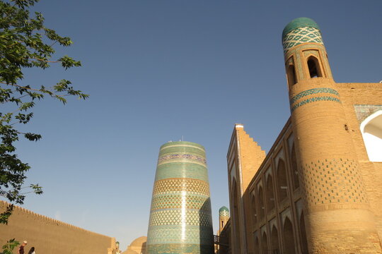 Kaltaminor, the unfinished minaret. 19th century (1852-1855) situated in Ichan Kala. Historic city of Khiva. Uzbekistan. World Heritage Site.