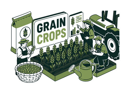 Agriculture Grain Crops banner showing three farmers around an oversized wheat field block and giant seed bag, grain basket, cultivated rows, watering can, crop chart, and tractor wheel filling all