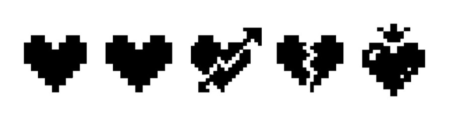 Fototapeta premium Pixel Heart Icons: Love, Broken Heart, Crown, Arrow - Retro Game Graphics