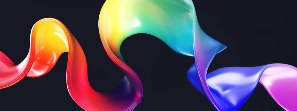 Dynamic colorful fluid wave isolated on a dark background. Abstract 3d rendering glossy liquid shape with rainbow neon gradient.