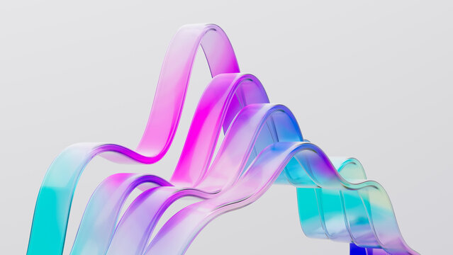 Curved wavy layered shape. Iridescent 3d rendering glass ribbon. Geometric abstract dynamic background.