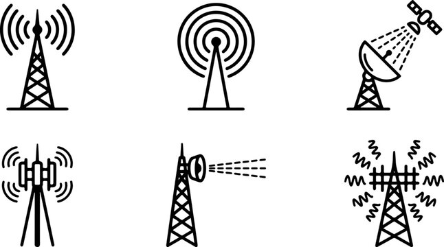 Telecommunication tower and transmitter signal line icons featuring simple black linear vector antenna mast parabolic satellite dish receiver and cell broadcast stations isolated on white background