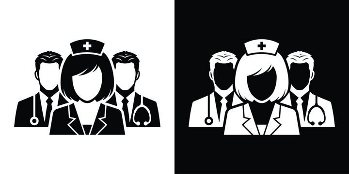 Medical team icon featuring a female nurse with a cross hat in front of male doctors with stethoscopes. Black and white vector illustration set.