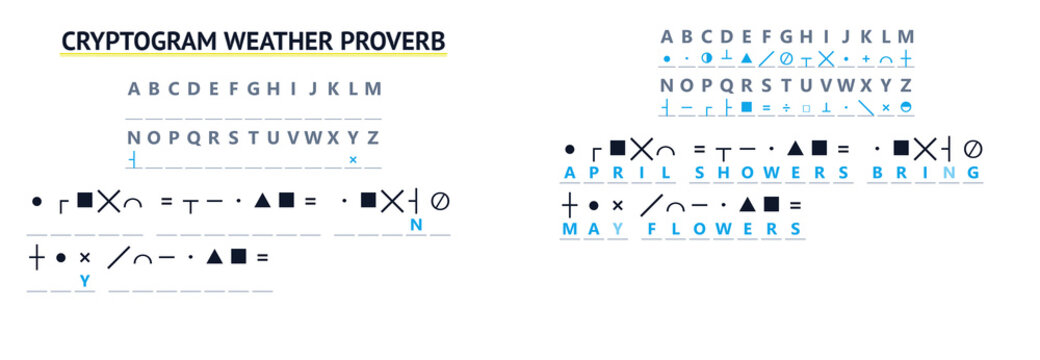 Cryptogram weather proverbs with symbols and letters for decoding  