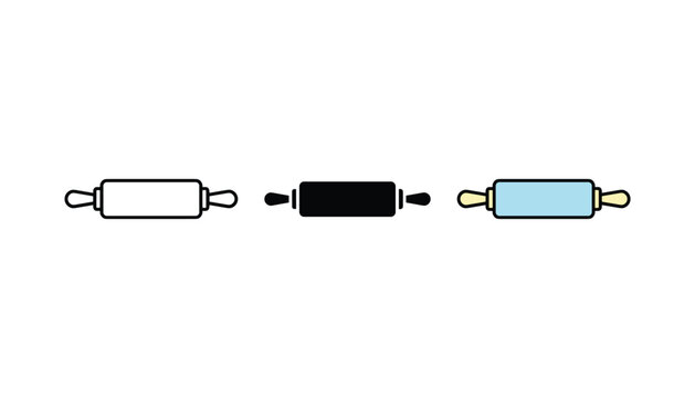 Kitchen rolling pin icons for baking and pastry preparation in linear solid and blue handle color styles for food industry and cooking design assets