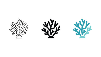 Coral reef icon set featuring outline solid and colorful aquatic coral designs for marine life education or ocean conservation branding isolated on white background © TARU STOCKPLC