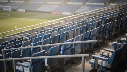Naklejka premium Upper deck grandstand seating in medium shot empty blue seats arranged in neat rows railings separating aisles with a blurred view of the pitch below.