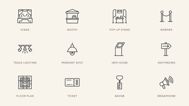 Flat line icons set of theater and stage production equipment and elements . Vector illustration.