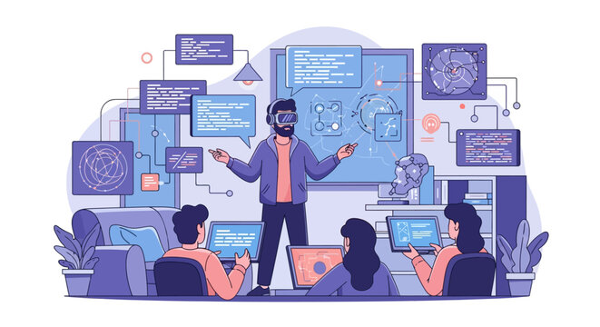 Man teaching computer science to students in a classroom setting.