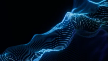 Blue glowing digital particle landscape on black. Undulating cyber terrain for global system server concept, complex network communication presentation or futuristic IT background © vpanteon
