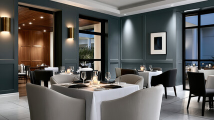 Fototapeta premium Elegant fine dining restaurant with candlelit tables, modern decor, dark green walls, and cozy ambiance for intimate dinner experience