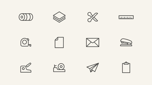 Set of twelve minimal flat style office and stationery icons . Vector illustration.