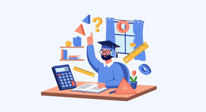 Student wearing graduation cap thinking about math problem with calculator and ruler.