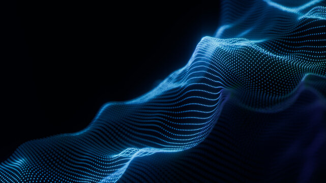 Blue glowing digital particle landscape on black. Undulating cyber terrain for global system server concept, complex network communication presentation or futuristic IT background