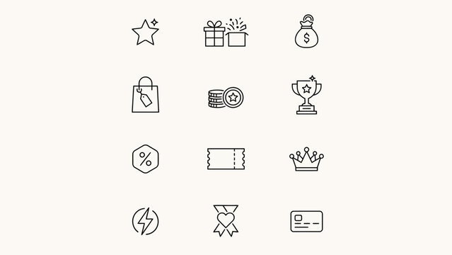 Set of twelve minimalist flat style icons representing rewards, shopping, finance, and achievements . Vector illustration.