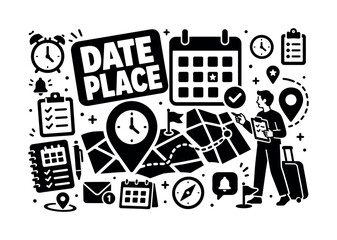 Fototapeta premium Schedule Address Date. Banner design, clean solid filled composition showing oversized calendar page and giant map pin with clock, one planner character checking route near edge, small details of
