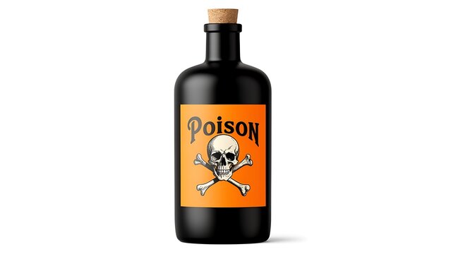 Black glass bottle with poison label and skull icon. Dangerous liquid container with cork stopper. Concept of hazard, toxicity and death symbol for cautionary warning and design.