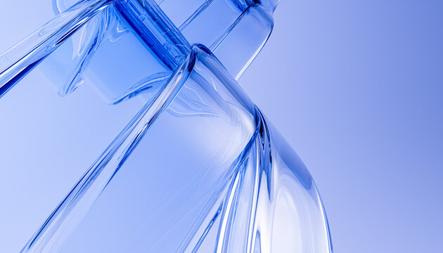 Abstract 3D rendering  geometric liquid glass ribbon or abstract water waves blue innovative technology background.