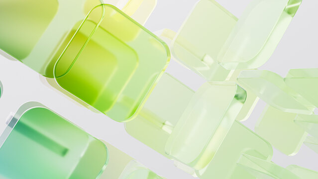 Mint green transparent glass square blocks. Medical technology backdrop, pharmacy branding, 3d illustration.