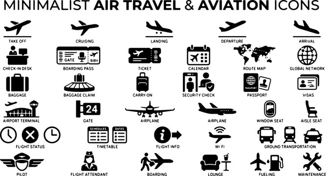 Air travel and aviation vector icons set featuring simple black solid UI elements for flight logistics airport services terminal navigation and transportation isolated on white background