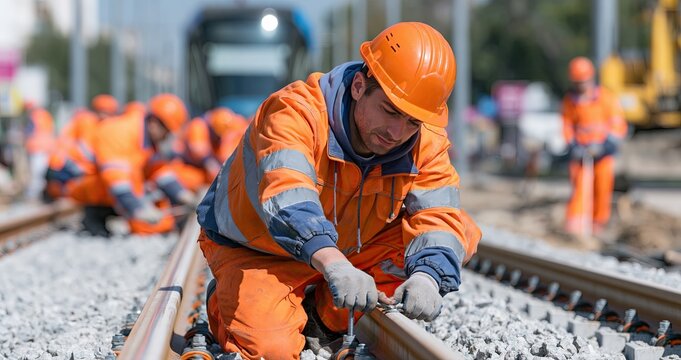 Workers securing tram rails as part of a city infrastructure upgrade on a bustling urban street.