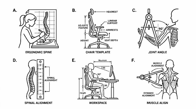 Ergonomic Office Setup and Human Anatomy Diagrams for Workplace Health and Safety.