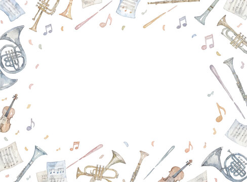 Watercolor musical instruments frame with notes