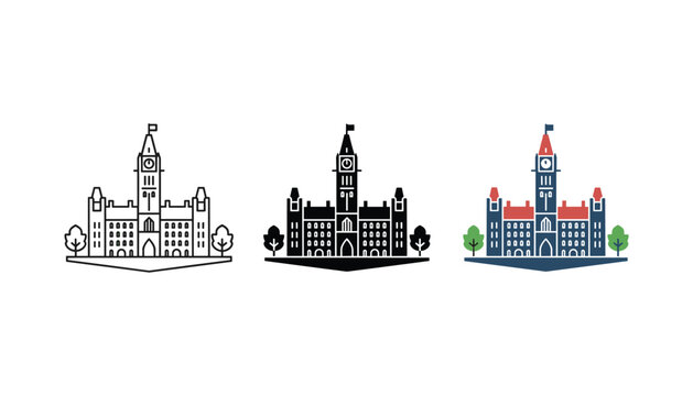 Parliament hill building vector icon set showing three variations of iconic Ottawa landmark in line and solid styles for government and tourism design projects