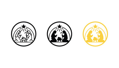 Fototapeta premium Set of three minimal nativity scene icons showing mary and joseph at the manger with shining star in circular frames for christmas holiday graphic design projects