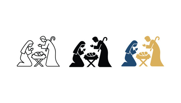 Nativity scene icons depicting mary joseph and baby jesus in manger with shepherd staff for christian religious holiday decor and festive seasonal projects