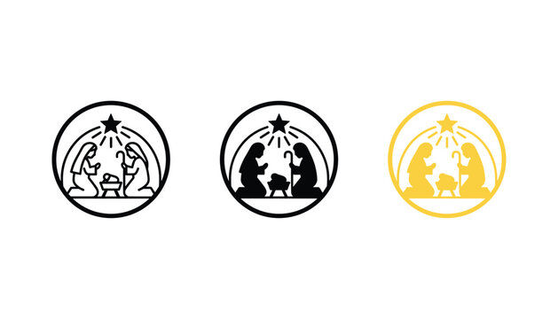Set of three minimal nativity scene icons showing mary and joseph at the manger with shining star in circular frames for christmas holiday graphic design projects