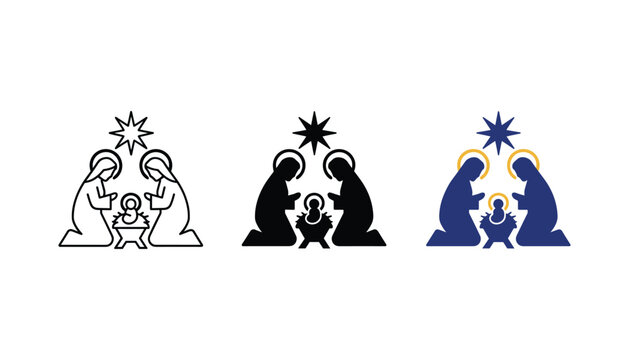 Nativity scene icon set depicting the birth of Jesus with Mary and Joseph in three artistic styles for religious and Christmas seasonal projects
