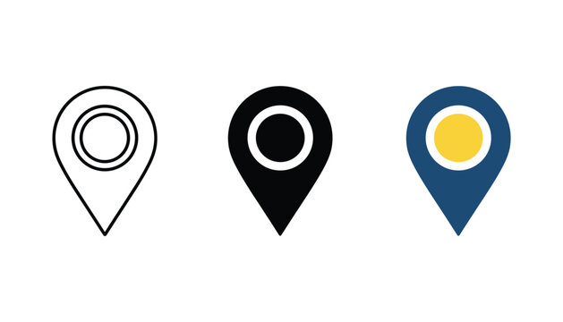 Location pin map marker icon set representing GPS navigation and pinpointing addresses for mobile apps and travel software interfaces